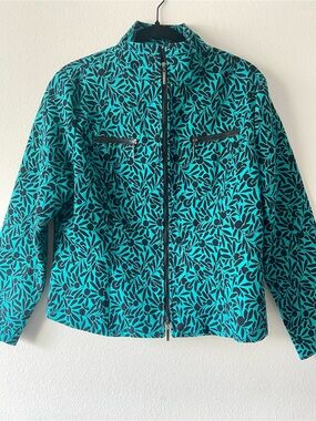NABI Teal Black Floral Zip Front Cotton Jacket Size  L